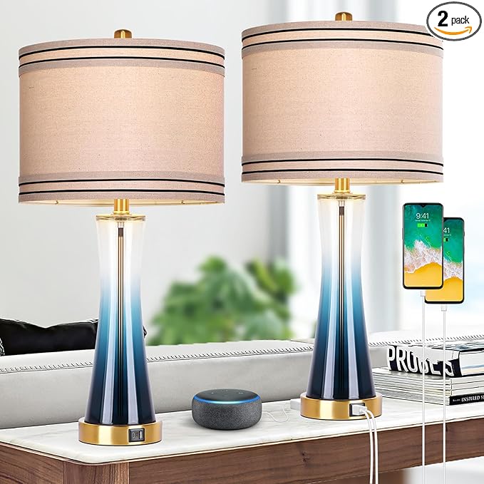 27.4''Table Lamps for Living Room Set of 2，3-Way Dimmable Modern Glass Bedside Lamps with USB Ports，Tall Lamps for Night Stands，Touch End Table Lamps for Bedroom Desk Lamps for Home Office（Blue）