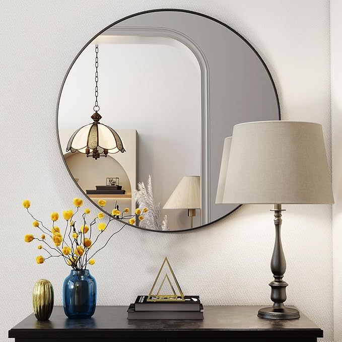 BEAUTYPEAK 20 Inch Round Mirror, Metal Frame Circle Mirror, Wall Mounted for Entryway, Bathroom, Vanity, Living Room, Black