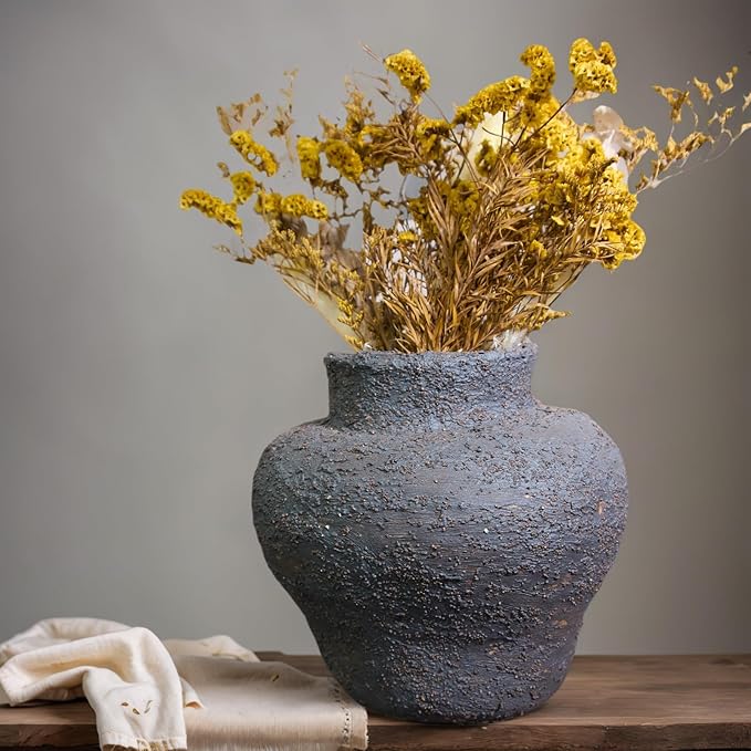 Rustic Pottery Ceramic Vase - Vintage Farmhouse Style Decor, White Grid Ceramic Vases for Home Decor, Modern Farmhouse Decor (black1)