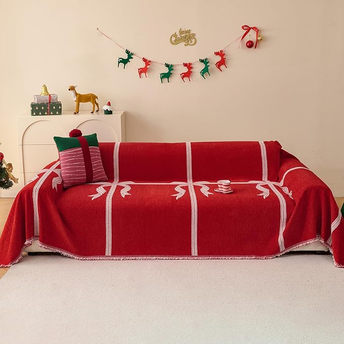 Chenille Armchair Sofa Slipcover Washable Furniture Protector Recliner Couch Cover 1-Piece Cushion Stain Resistant Chair Cover Soft Breathable Couch Cover Blanket, Red Bow 71"x 134"