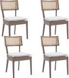 Rattan Dining Chairs Set Of 4 , Mid Century Modern Upholstered Cane Back Chairs with Removable Linen Cushion , Retro Farmhouse Natural Wooden Kitchen & Dining Room Chairs for Restaurant Living Room