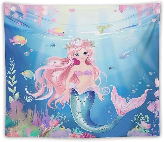 HZOHNAGO Mermaid Girls Tapestry Watercolor Mermaid Princess Pattern Printed Wall Tapestry Wall Hanging for Bedroom Living Room Dorm 60" W x 50" H