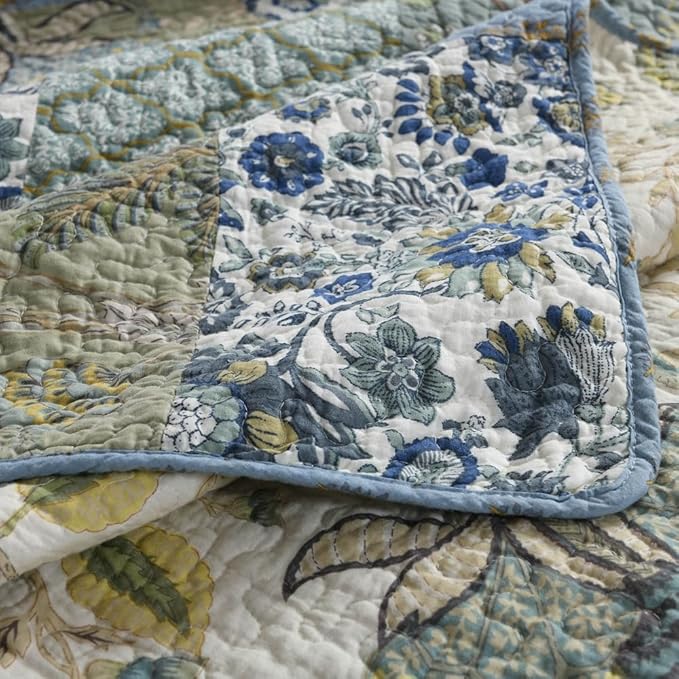 Cotton Bedspread Bedding Coverlet Quilt Sets, Reversible Vintage Branch Floral Bedspread comforters, (Rustic Sage Green Patchwork Pattern, Queen Size)