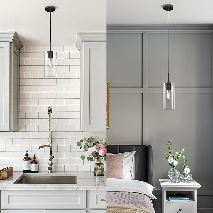 Modern Black Pendant Lights Kitchen Island Glass Pendant Light, 9.5'' Farmhouse Clear Glass Cylinder Pendant Light,Copper Kitchen Pendant Lighting Over Island Sink, E26 Bulb Included