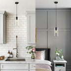 Modern Black Pendant Lights Kitchen Island 2 Pack Glass Pendant Light, 9.5in Farmhouse Clear Glass Cylinder Pendant Light Kitchen Pendant Lighting Over Island for Sink, Bathroom, Bar,Dining