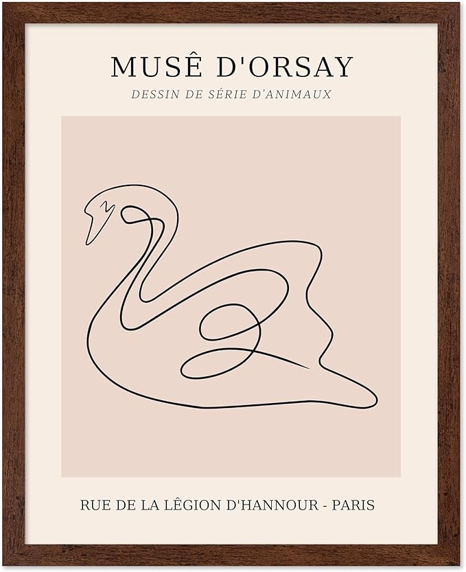Poster Master Vintage Poster - Retro One Line Swan Drawing Print - Swan Art - Bird Art - Minimal Gift for Her, Animal Lover - Abstract Decor for Home, Office, Bedroom, 8x10 Brown Framed