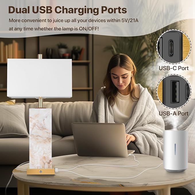 25.6" Alabaster Lamp, Marble Lamp Nightstand Lamps Set of 2, Table Lamps for Living Room Bedroom, 3-Color Temperatures Bedside Lamps with Nightlight, Modern Table Lamp with USB Ports, Bulbs Included