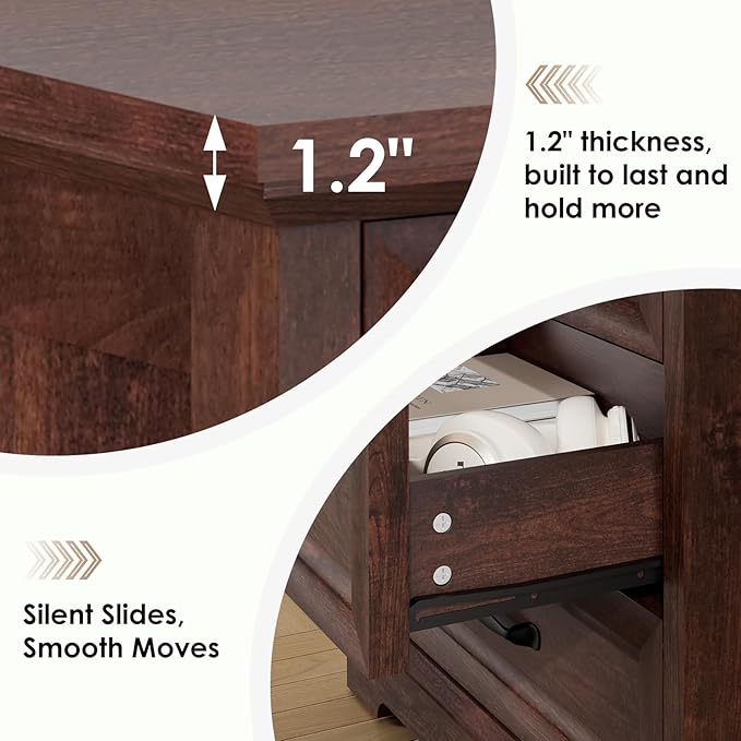 HOMMPA 24'' Farmhouse Nightstand with Charging Station, Bedside Tables with Storage, Side Table with USB Port, 3 Drawers End Table Dresser, Wood Night Stand for Bedroom, Living Room, Maroon Brown