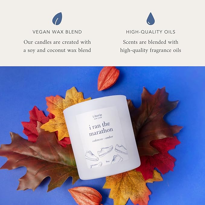 Literie NYC Inspired Scented Candle: I Ran The Marathon - Oakmoss & Amber Scent, 9oz, 50 Hour Burn, Vegan Soy & Coconut Blend Candle for Home Decor, Gift for Women & Men
