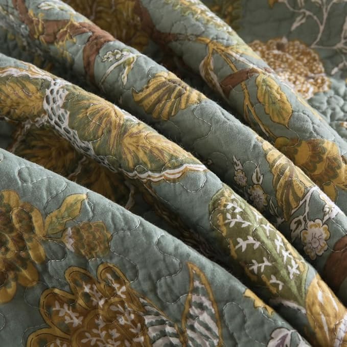 ENASAL Cotton Bedspread Quilt Sets Reversible Bedding Coverlet Sets Comforter, Vintage Floral Farmhouse Pastoral Turquoise Bedspread, Queen Size