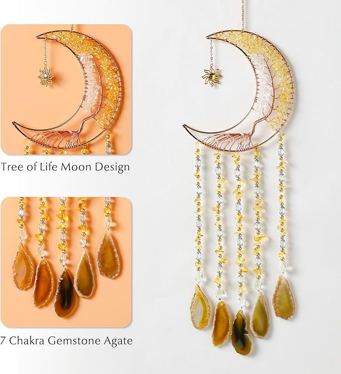 Agate Gemstone Dream Catcher 7 Chakra Tree of Life Dream Catcher with Rainbow Crystal Stones Handmade Dreamcatcher Wall Decor for Adults Boys Girls,Bedroom,Wedding,Garden,Bless Gift(Gold Moon)