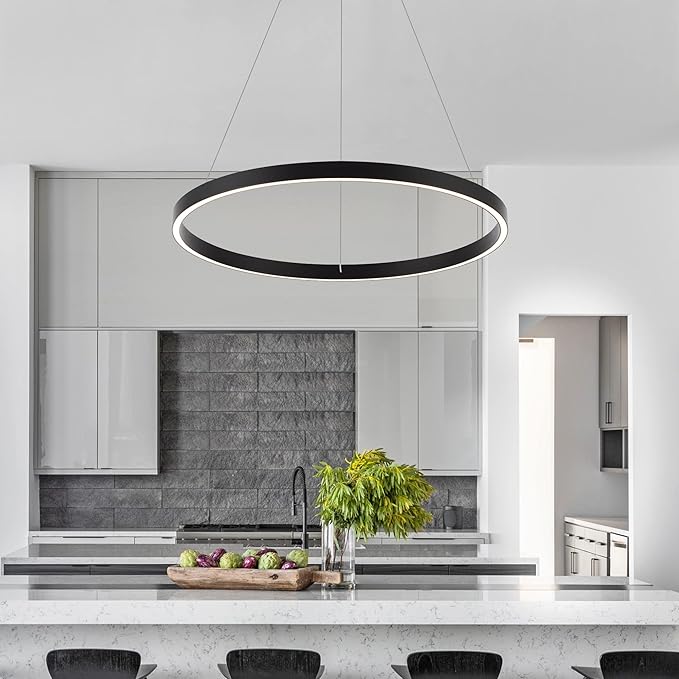 Modern Led Chandelier, 1 Ring Contemporary Led Chandelier Circular Pendant Light, Black Dimmable Hanging Ceiling Light Fixture for Living Room Dining Room Bedroom Kitchen