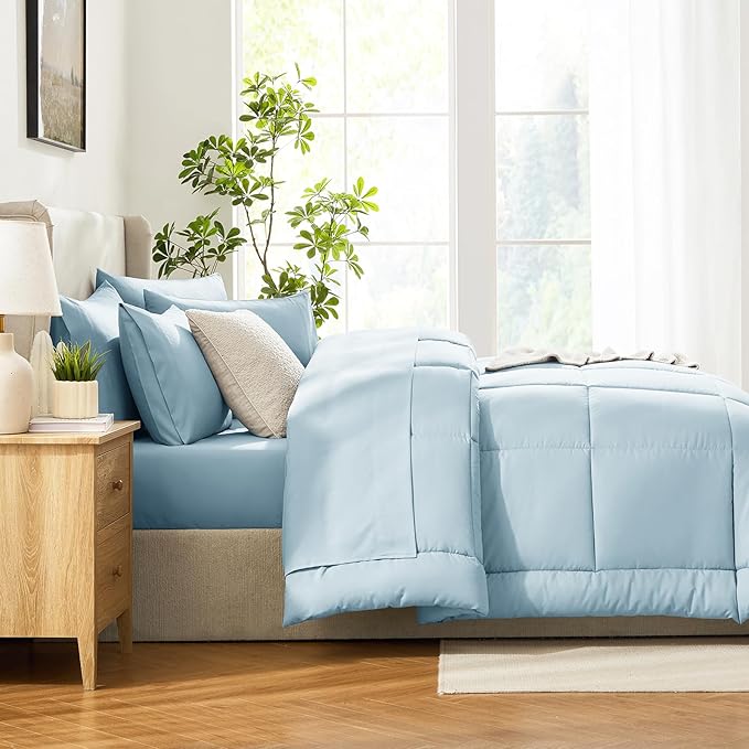 CozyLux Full Size Comforter Sets Light Blue, 7 Pieces Bed in a Bag, Blue Comforter Full Size, All Season Bedding Sets with Stitch Quilted Comforter, Flat Sheet, Fitted Sheet, Pillowcases