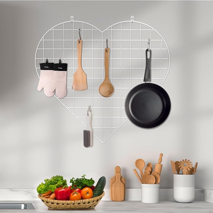 Grid Photo Wall Panels - 22.4"x20.4" Heart Shape Iron Rack Art Wire Board, Wall Grid Organizer, DIY Photo Frame for Home, Office, Kitchen, Bedroom, Christmas Gifts - White