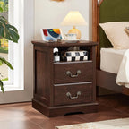 2PCS Farmhouse Nightstands with Charging Station，18" End Table with 2 Drawers，Farmhouse Nightstand with Vintage Handles, Bedside Cabinet for Bedroom for Bedroom, Living Room,Walnut