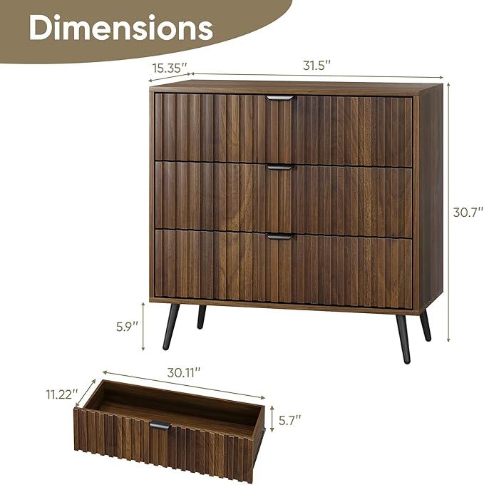 Fluted 3 Drawers Dresser, 31.5“ W Mid- Century Modern Wooden Chest of Drawers, Large Night Stand Organizer for Bedroom, Closet, Hallway, Entryway, Walnut