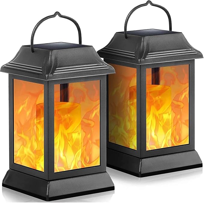 TomCare Solar Lights Metal Flickering Flame Solar Lantern Outdoor Hanging Lanterns Decorative Lighting Heavy Duty Solar Powered Waterproof Umbrella Lighting for Garden Yard Patio Deck, 2 Pack（Black）