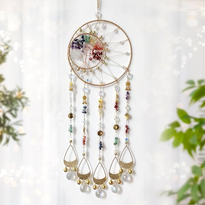 Colorful Dream Catcher Wall Decor Tree of Life Dream Catchers with Crystal Pendant Handmade Dreamcatcher Wall Hanging Ornament for Bedroom Living Room Home Decor