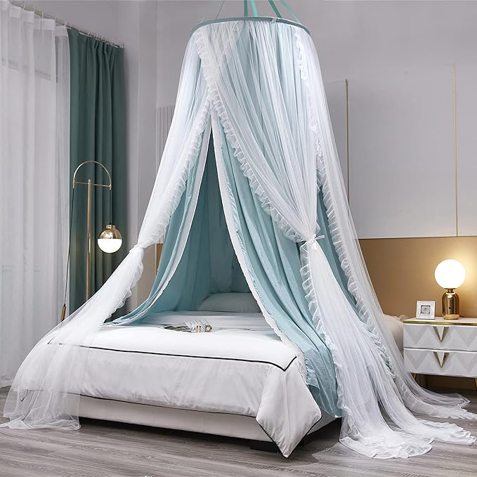VETHIN Double Layer Princess Round Dome Canopy Bed Curtain for Girls Adults,Children Dreamy Mosquito Net,Cute Bedroom Decoration Castle Play Tent Reading Nook Canopies (Dome-Green/White)