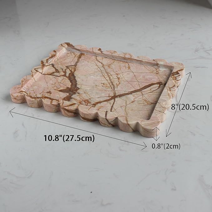 Natural Luxury Scalloped Marble Tray 10.8"x8", Rectangle Vanity Tray for Bathroom Kitchen Counter, Decorative Tray for Dresser Home Decor (Pink Marble)