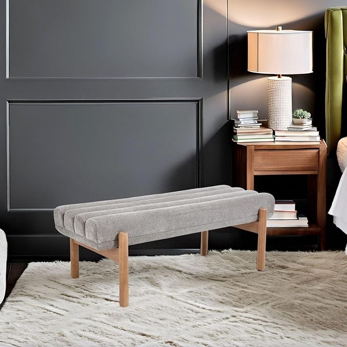 Upholstered Bench Grey Modern End of Bed Bench Chenille Fabric Bedroom Bench for Entryway Living Room Vanity Makeup Room, 47" Long, Wooden Legs