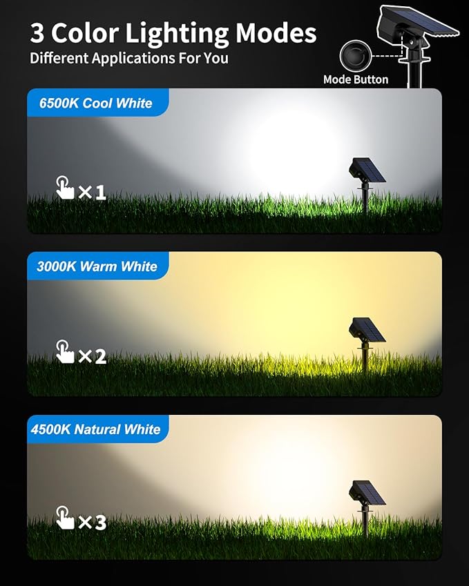 3 Colors Solar Lights Outdoor Waterproof IP65 Outdoor Spot Lights for Yard 52 LEDs 600LM Solar Powered Landscape Spotlights Solar Security Wall Lights for Garden Pathway Outside- 2 Pack