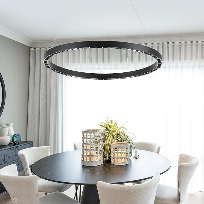 Black Modern LED Chandelier 1-Ring Circular Pendant Light 6000K 36W Dimmable Hanging Light Fixtures for Dining Room Kitchen Island Bedroom Living Room Foyer Stairway