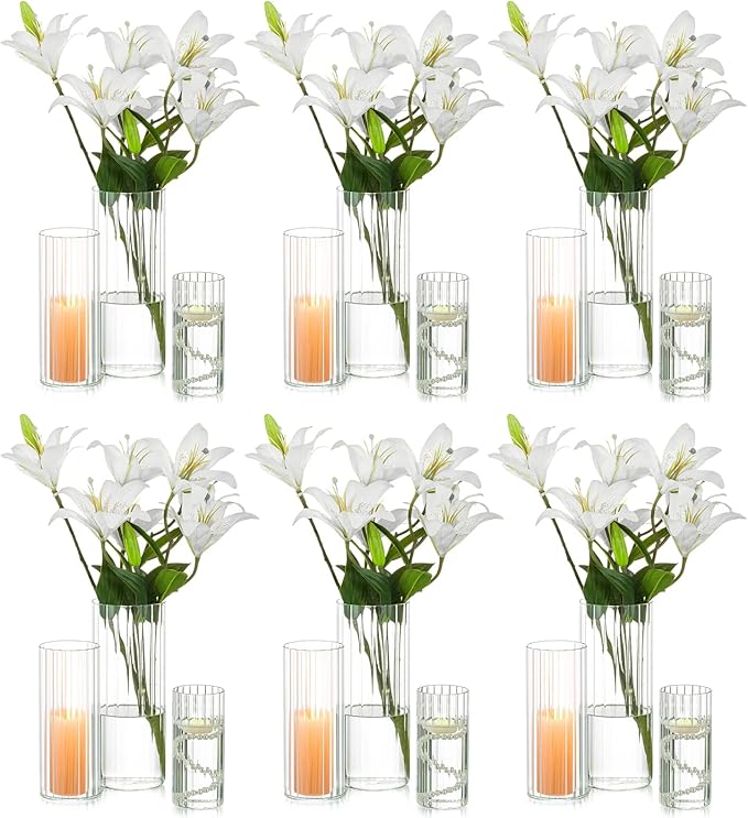 Hewory Glass Cylinder Ribbed Vases Set of 18, Tall Clear Vase for Centerpieces, Hurricane Candle Holders for Pillar or Floating Candles, Round Vases for Wedding Anniversary Events Home Table Decor