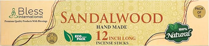 Bless-International-Sandalwood 100%-Natural-Handmade-Incense-Sticks Organic-Chemicals-Free-for-Relaxation-Positivity-Yoga-Meditation 12-Inches-1-Hour-Plus-Burning-Time-150-Sticks-14-OZ
