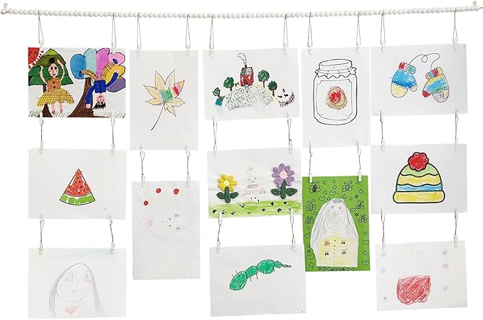 Art Display for Kids Artwork,Hanging Photo Display with 36 Clips, Boho Wooden Beads Kids Art Frame Display Holder for Classroom, Bedroom Wall Decor (White)