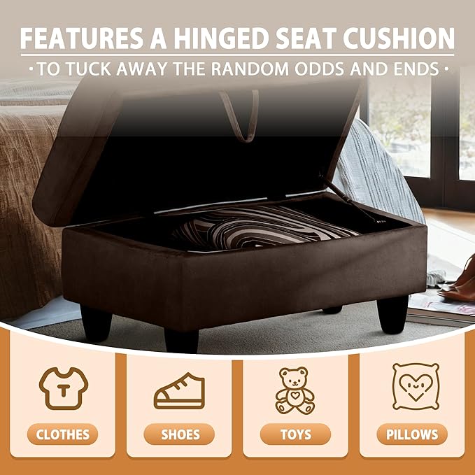 Ottoman Rectangular Storage Ottoman Bench, Flannel Footrest Stool Footstool with Lid for Living Room, Bedroom, Entryway, Coffee, 28.5"x19"x17.5"