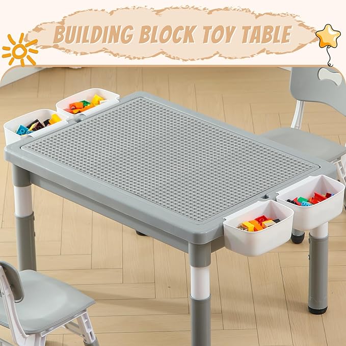 Multi Functional Kids Table and 2 Chairs Set, Graffiti & Building Blocks Double-Sided Tabletop, Toddler Play Table with Drawers, Large Storage Space, Gift for Boys/Girls, Gray