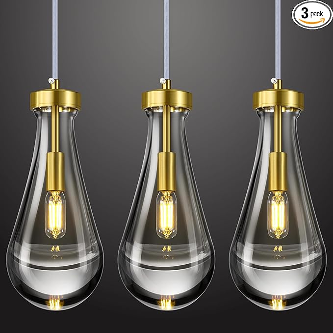 Raindrop Pendant Lights Kitchen Island Set of 3 Teardrop Gold Hanging Light Fixtures Clear Solid Glass Pendant Light Modern Chandeliers for Dining Room Porch Corridor Living Room…