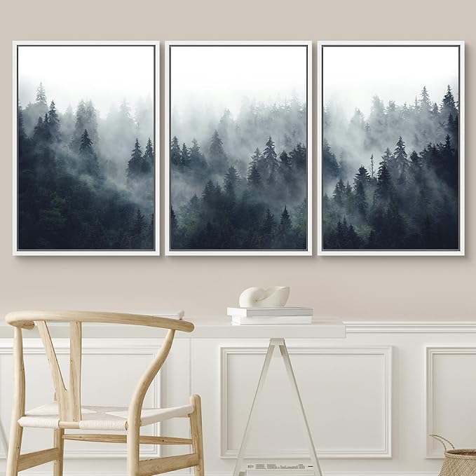 SIGNWIN Framed Canvas Print Wall Art Woodland Nursery Decor Set Misty Mountain Range Pine Tree Forest Nature Realism Decorative Rustic Chic for Living Room, Bedroom, Office - 24"x36"x3 White
