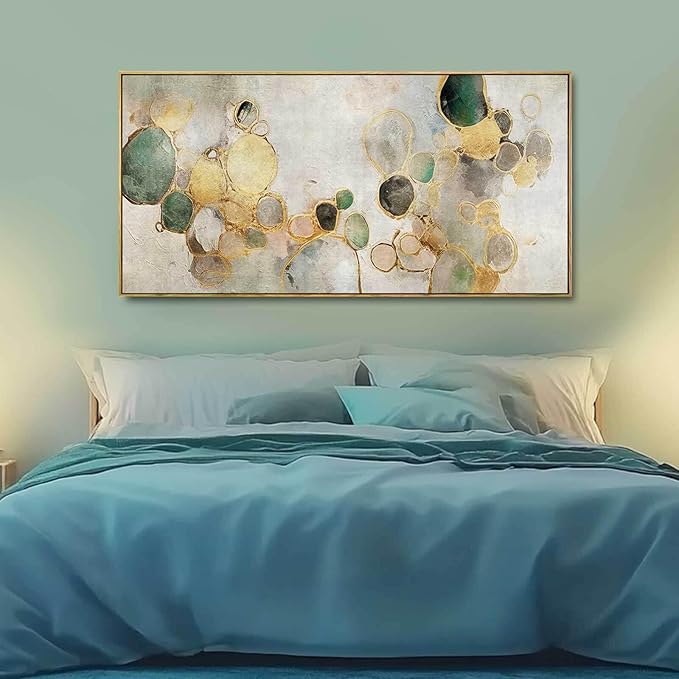 Gold Circle Modern Artwork Framed Abstract Wall Art Green Canvas Decor 24"x48" Wall Decorations for Bedroom Living Room Kitchen