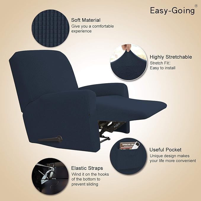 Easy-Going Recliner Stretch Sofa Slipcover Sofa Cover 4-Pieces Furniture Protector Couch Soft with Elastic Bottom Spandex Jacquard Fabric Small Checks(Recliner,Dark Blue,Large)