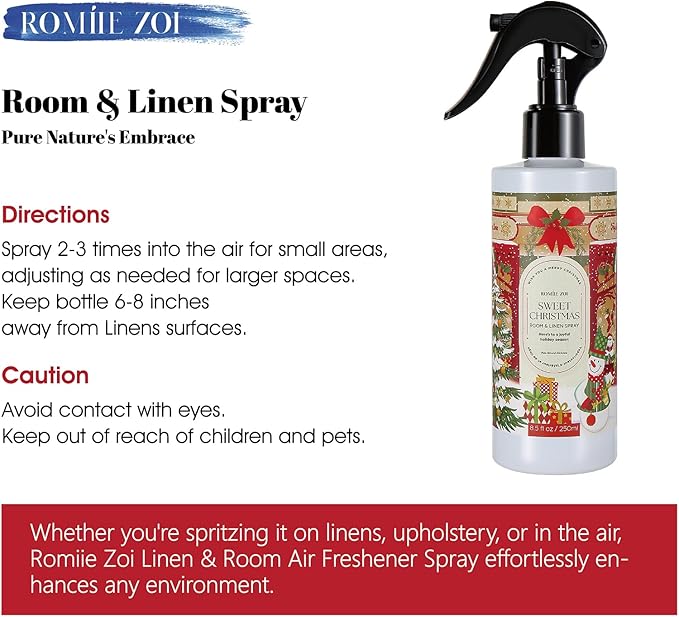 Romiie Zoi Christmas Linen & Room Air Freshener Spray Room Mist- Sweet Christmas - Infused with Sweet Pine Aroma- 250ml / 8.5 FL OZ.