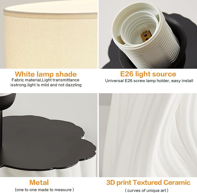 White Ceramic Table Lamps 21.5In, Modern Plug in Table Lamp Decor for Bedroom Bedside Nightstand Living Room Office Desk