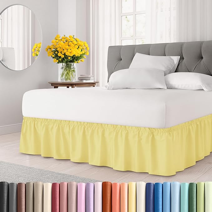 Wrap Around Dust Ruffle Bed Skirt - Yellow - for Queen Size Beds with 15 Inch Drop - Easy Fit Elastic Strap - Adjustable Pleated Bedskirt w/Brushed Fabric Wrinkle Free - for Women, Men, Kids & Teens