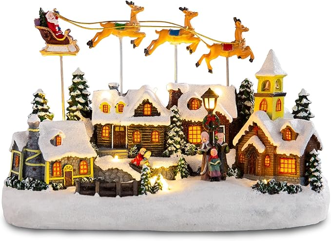 taman Christmas Village Collectible Buildings - Santa Claus Riding Sleigh with 3-Elk Warm Light Christmas Ornaments for Holiday Decorations