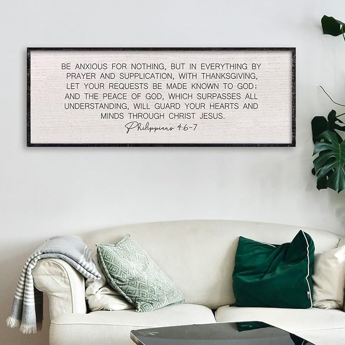 LuZhiQiang Be Anxious for Nothing Wall Decor 40"×15" Philippians 4:6-7 Bible Verse Sign Large Christian Scripture Wood Framed Hanging Decor (Black)