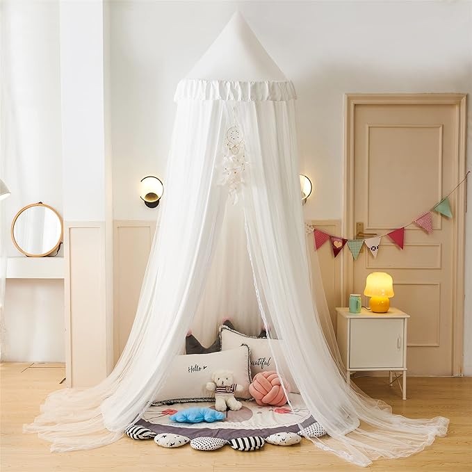 VETHIN Bed Canopy for with Lights,Double Layer Princess Round Dome Dreamy Mosquito Net Bedding Girls Room Castle Play Tent Hanging House Decor Reading Nook Canopies(White/White)