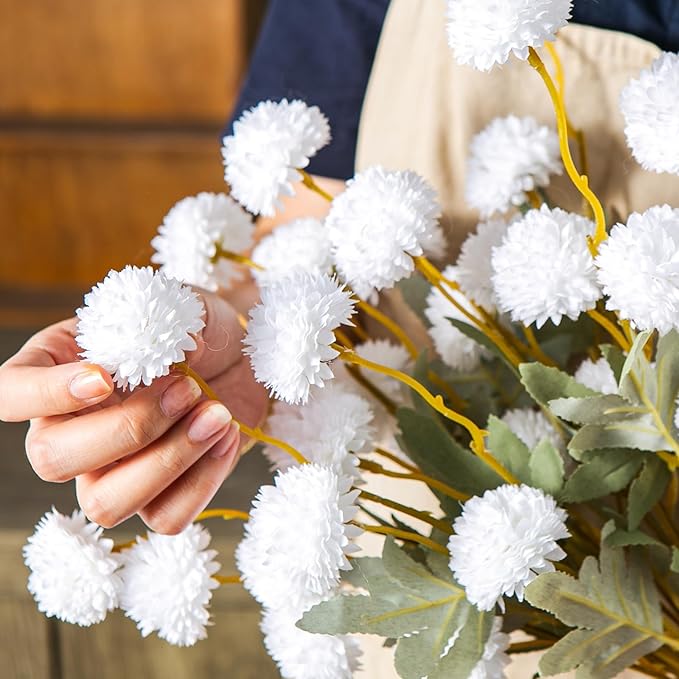 6 Artificial Silk Flowers + 3 Eucalyptus, Artificial Chrysanthemums with Stems for Home Decor, Ivory