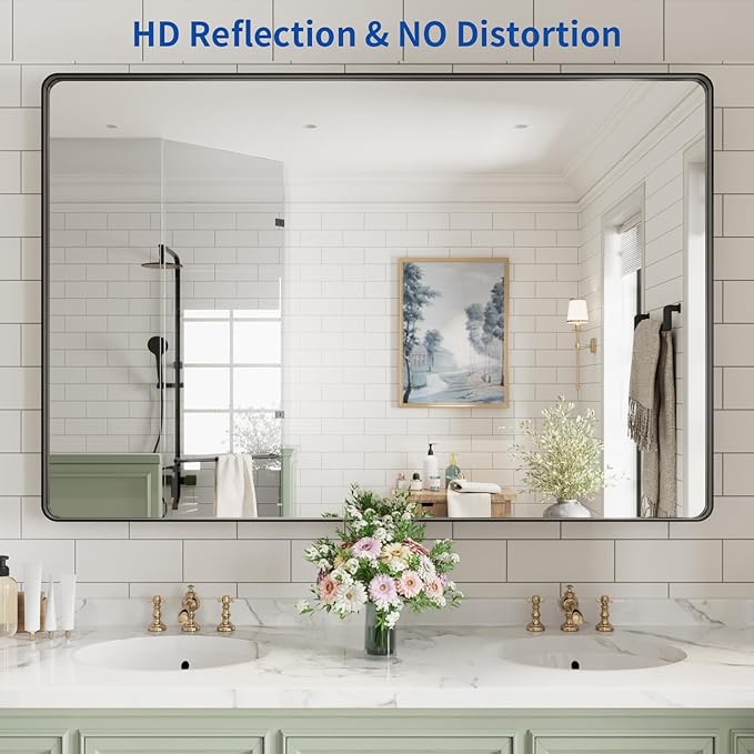 WEER Black Bathroom Mirror for Wall, 60X40 Inch Matte Black Mirror, Rectangular Black Metal Framed Vanity Mirror with Tempered Glass, Rounded Corner, Anti-Rust (Horizontal/Vertical)
