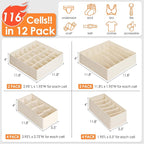 12 Pack Baby Clothes Organizer for Nursery, 116 Cells Fabric Foldable Dresser Closet Organizers and Storage Bins for Clothing, Women Men Underwear Socks, Bra, Ties, Scarf, Belt, Hair Accessories