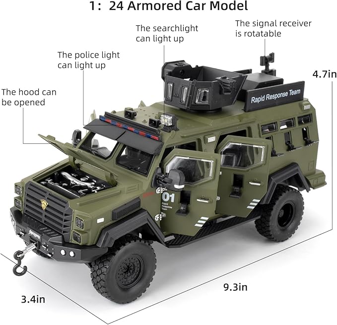 Compatible for 1:24 Saber-Toothed Tiger Alloy Armored Car Model, Collectible Diecast Armoured Explosive Protected Vehicle Toy, Pull Back Toy Car with Sound and Light for Adult Kids (Green)