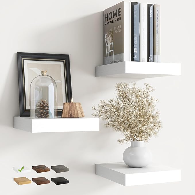 8 Inch Square Floating Shelves for Wall 3 Pack, 8"D Wood Grain Bathroom Shelves with Invisible Brackets, Easy Install Engineered Wood Storage Shelves for Kitchen, Living Room, Bedroom, White Finish