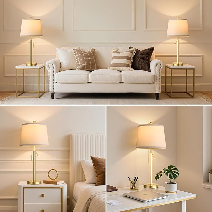 PARTPHONER Bedside Lamps Set of 2, Tall Table Lamps for Living Room, Height Adjustable Nightstand Lamps for Bedroom Office, Modern End Table Lamps with Pull Chain(LED Bulbs Included), Gold