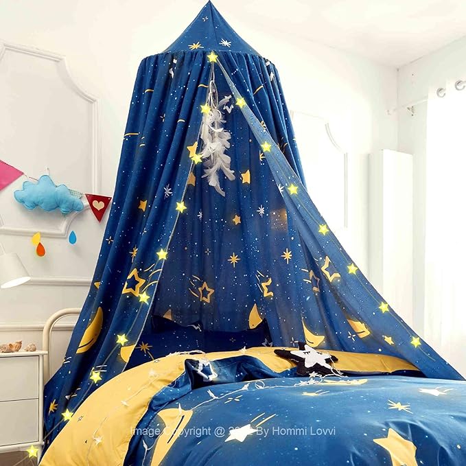 Stars Moon Print Kids Bed Canopy, Girls Princess Canopy Dreamy Room Decor, Soft Hanging Reading Nook Play Tent Canopy, Extra Large Full Size Bed Canopy with String Light