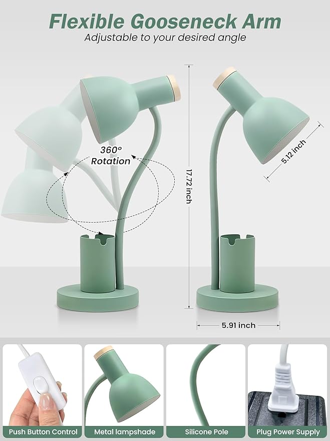 LED Desk Lamp with Pen Holder, Eye-Caring Desk Light 3 Color Modes Reading Light Flexible Gooseneck Metal Study Lamp, Cute Table Lamps for Home Office Bedside Dorm (Green Lamp)